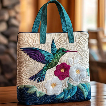 Geantă Matlasată - Colibri și Floare Albă