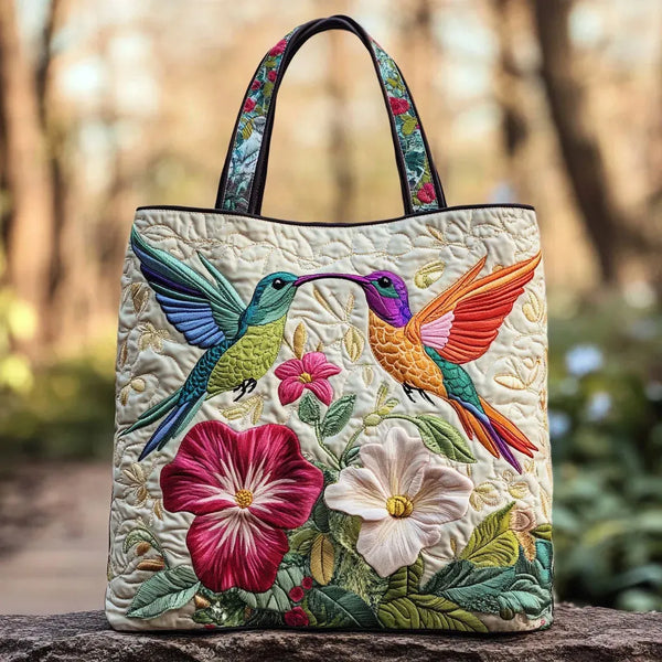 Geantă matlasată - Colibri și Flori Albe