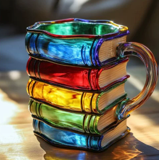 Cană artizanală colorată cu tematică literară